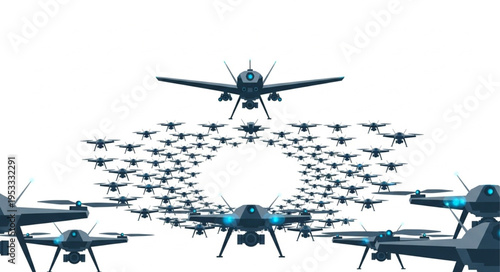 Aerial drone swarm formation showcasing advanced technology and military capabilities.