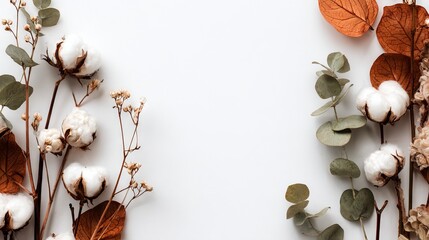 Autumn composition frame with eucalyptus branches, cotton flowers and dried leaves, flat lay top view on white background, seasonal fall copy space template