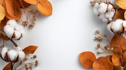 Autumn composition frame with eucalyptus branches, cotton flowers and dried leaves, flat lay top view on white background, seasonal fall copy space template