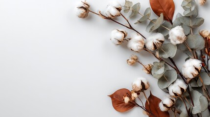 Autumn composition frame with eucalyptus branches, cotton flowers and dried leaves, flat lay top view on white background, seasonal fall copy space template