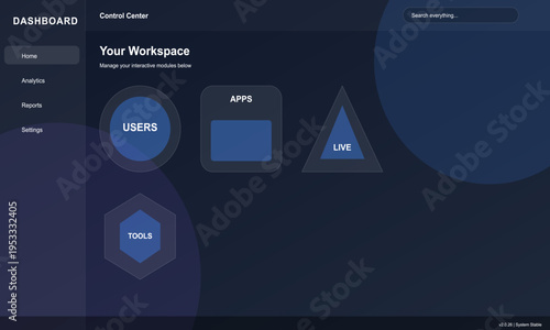 Modern dashboard control center workspace UI interface admin panel analytics apps users tools live system dark theme design