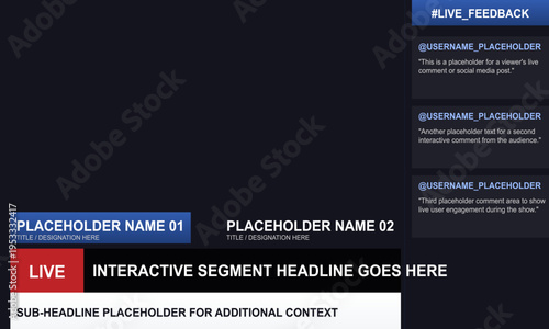 Live streaming broadcast overlay template interactive segment lower thirds social media feedback panel modern tv show layout design