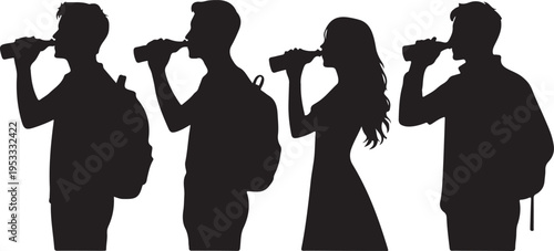 vector silhouette of a man and woman tourists standing drinking water on a white background .Generative AI