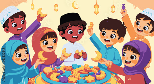 Diverse group of children celebrating with hands raised around a colorful food table in a joyful scene with warm tones and festive lanterns in the background.