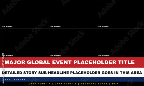 Global news event broadcast template with video grid layout, breaking news headline banner, modern television media design background