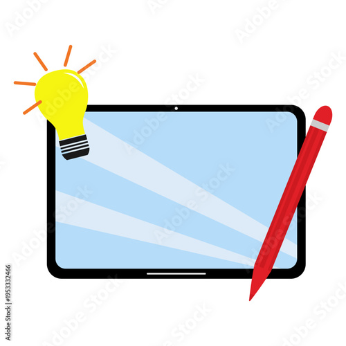 Tablet with light bulb and red stylus pen, drawing (2)