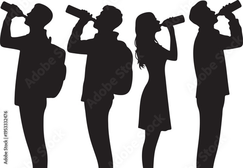 vector silhouette of a man and woman tourists standing drinking water on a white background .Generative AI