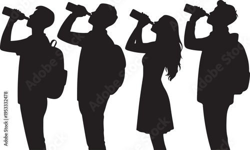 vector silhouette of a man and woman tourists standing drinking water on a white background .Generative AI