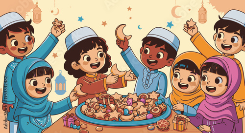 Diverse group of children in traditional attire celebrating with a festive meal, flat cartoon illustration with vibrant colors and joyful mood.