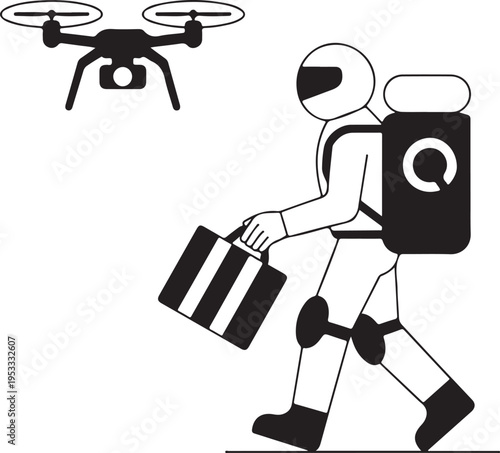 Vector silhouette of a robot Santa delivering presents with drones