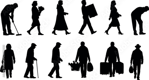 Collection of walking people silhouettes carrying bags, luggage, flowers and boxes, diverse daily lifestyle activities and urban crowd movement isolated on white background illustration