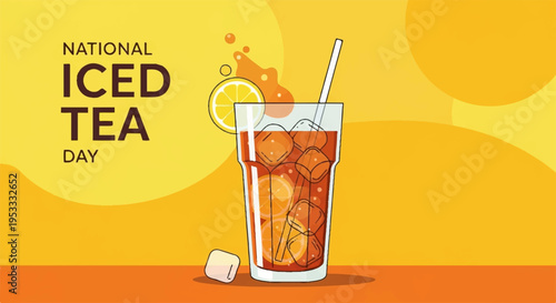 Refreshing glass of iced tea with lemon and ice cubes on a sunny day for national iced tea day celebration