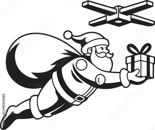 Vector silhouette of a robot Santa delivering presents with drones