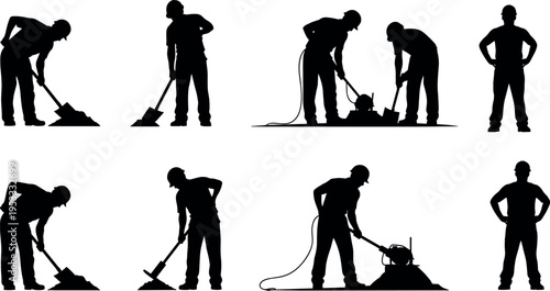 Construction worker silhouettes digging with shovel and operating cutting machine isolated on white background, manual labor builder collection for roadwork industry vector illustration