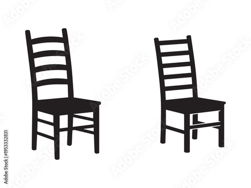 Two black wooden chairs with horizontal slats on backrest and four legs  simple furniture for indoor use