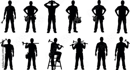 Construction worker silhouettes with hammer tools and safety helmet isolated on white background, professional builder poses collection for industrial labor maintenance vector illustration