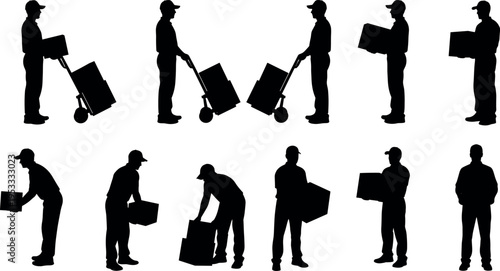 Delivery worker silhouettes carrying boxes and using hand truck isolated on white background, courier service staff collection for logistics shipping job vector illustration