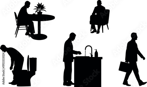 Daily routine silhouette collection showing man sitting at table, washing hands, using toilet, relaxing on chair and walking with briefcase isolated on white background