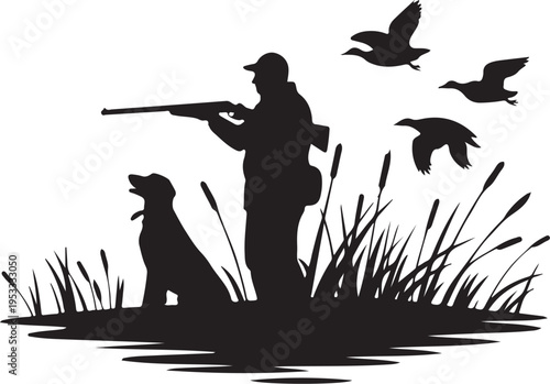 Hunter with dog and birds in wetland reeds
