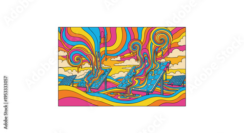 A surreal psychedelic landscape depicts three solar panels with vibrant, melting, multi-colored liquid flowing into a wavy sky.