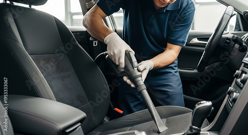 Professional car interior cleaning: Man in uniform vacuuming passenger seat with a vacuum cleaner for auto detailing.