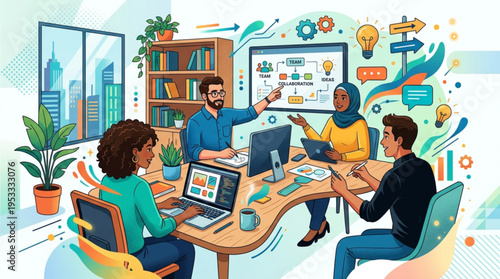 Diverse team collaborating in modern office with laptops and whiteboard brainstorming ideas in a creative workspace