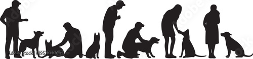 Vector silhouette of people with dog on white background.