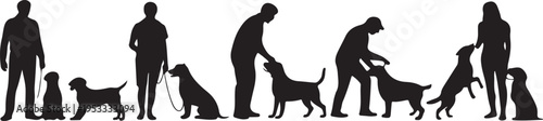 Vector silhouette of people with dog on white background.