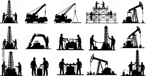 Oil drilling and construction worker silhouettes with heavy machinery rigs and cranes isolated on white background, industrial petroleum extraction collection for energy production vector illustration