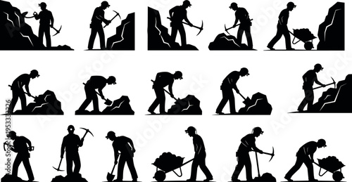 Mining worker silhouette set using pickaxe and shovel breaking rocks and transporting minerals with wheelbarrow industrial labor concept isolated on white background vector illustration