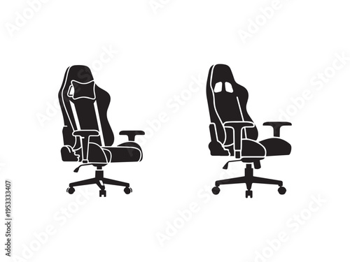 Two office chairs with wheels and armrests in black silhouette on white background  office furniture icons