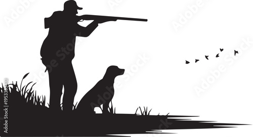 Man and dog hunting birds with shotgun silhouette