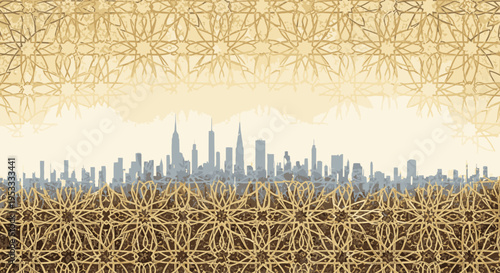 Geometric patterned illustration of a city skyline at sunset with golden and brown hues against a white background.