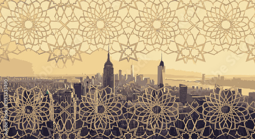 Golden cityscape with intricate floral patterns and skyscrapers in a warm, sunny atmosphere with a decorative border.