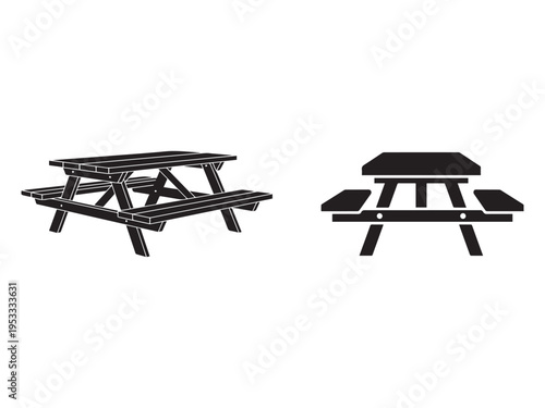 Two picnic tables in black silhouettes with white outlines on white background  one with white outlines on tables and benches  outdoor furniture for parks and recreation areas
