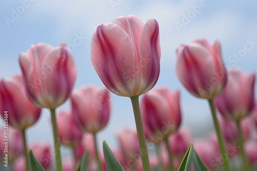 pink and white tulips against a blue sky