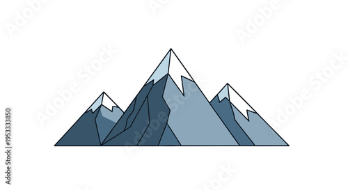 Three stylized mountain peaks with geometric facets and white snow caps are outlined in black against a plain white background.