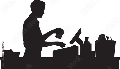 Silhouette of person packing into shopping bags on counter