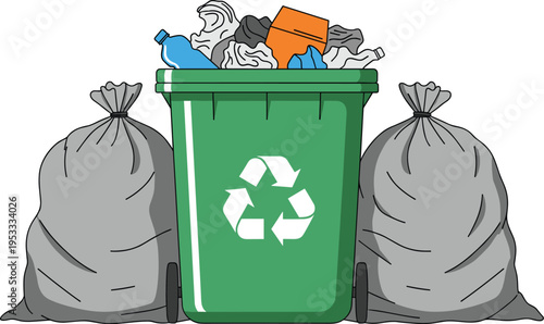 Recycling bin with garbage bags and waste illustration, environmental protection and waste management concept in vector design
