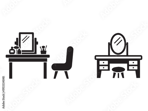 Two vanity tables with mirrors and makeup accessories on white background  home decor and furniture concept