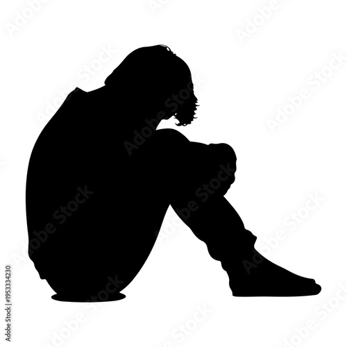 Silhouette of a person sitting with head down, isolated vector illustration
