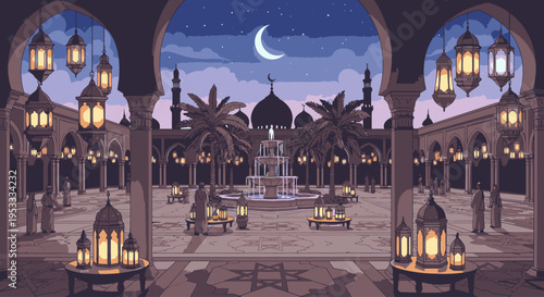 Serene nighttime scene of a mosque courtyard with lanterns, palm trees, and a crescent moon in the sky.