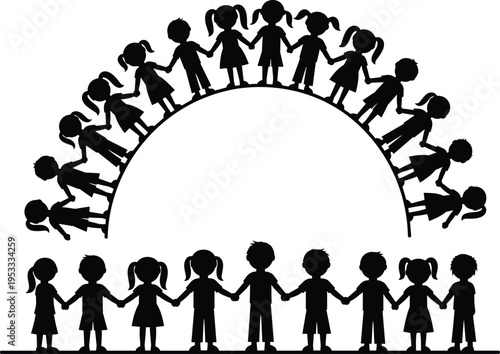 Children holding hands silhouette, unity concept, teamwork, friendship, community togetherness, childhood cooperation, family bond, outdoor play, group activity, illustration