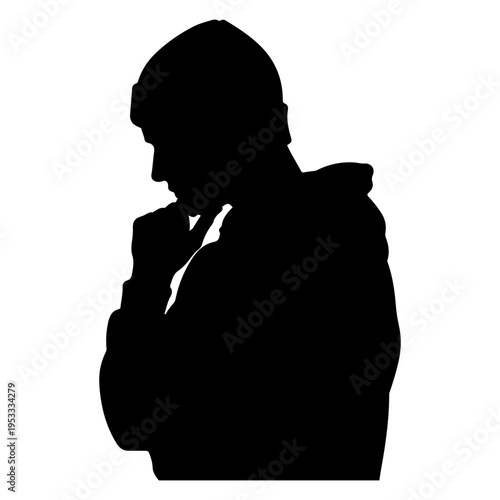 Silhouette of a pensive person wearing a beanie and hoodie, vector illustration