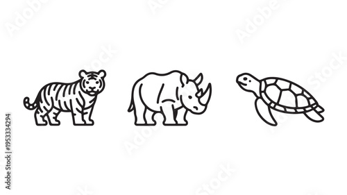 Black Line Drawing Of Tiger Rhinoceros And Turtle For Wildlife Conservation Concepts