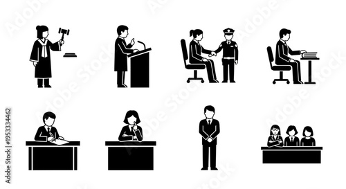 Black and white illustrations of business professionals in various office settings.
