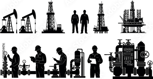 Oil industry silhouettes with drilling rigs refinery workers and pipeline equipment isolated on white background, petroleum engineering collection for energy production industrial vector illustration