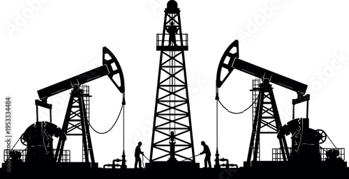 Oil industry drilling rig and pumpjack silhouettes with workers operating petroleum extraction equipment energy production concept industrial machinery set isolated on white background