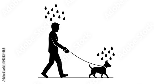 Man walking dog on rainy day.