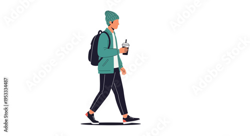 A person walking with a backpack and coffee.
